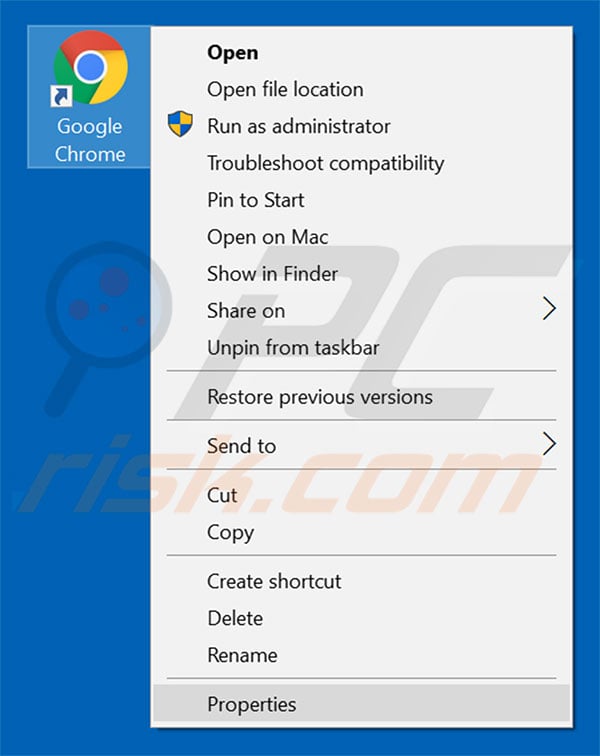 Removing newtab.today from Google Chrome shortcut target step 1