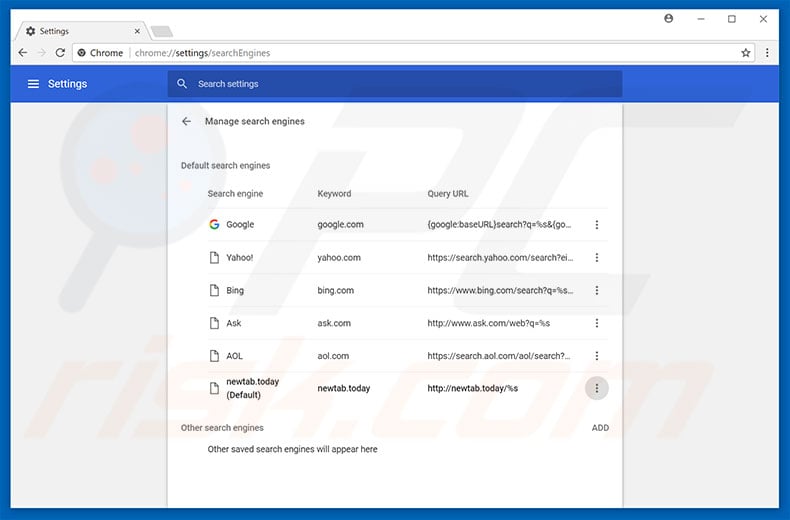 Removing newtab.today from Google Chrome default search engine