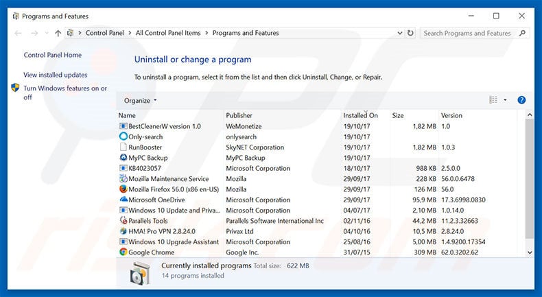 Offers Chaser adware uninstall via Control Panel
