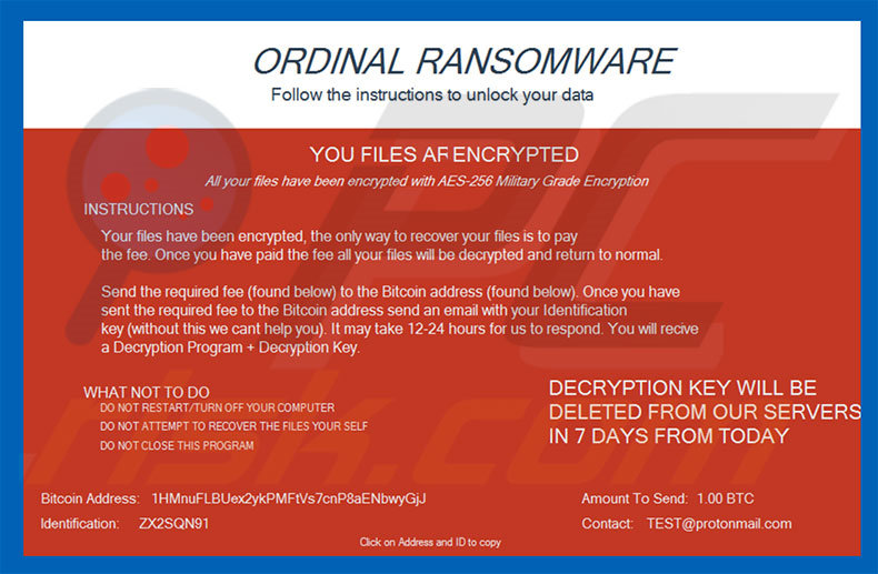 Ordinal ransomware ransom note (pop-up)