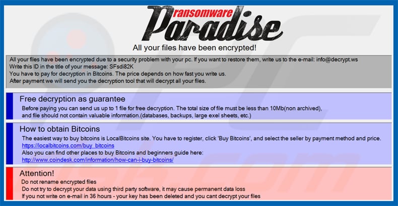 paradise ransomware pop-up message