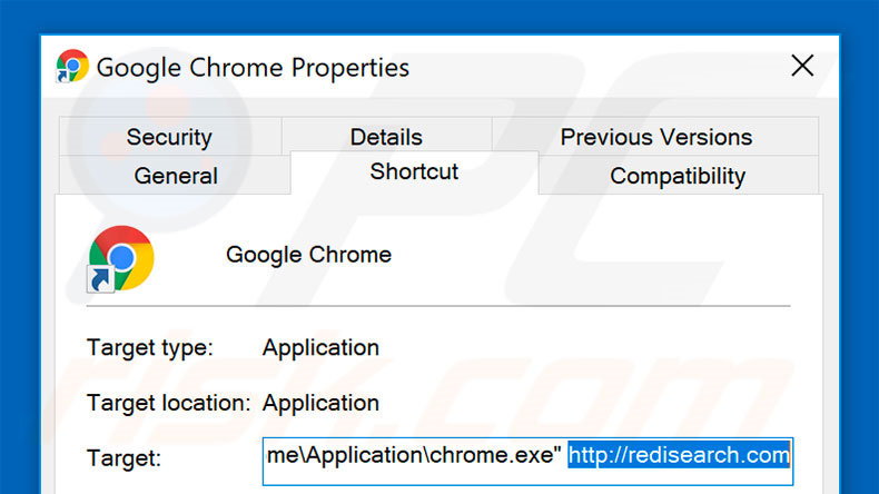 Removing redisearch.com from Google Chrome shortcut target step 2