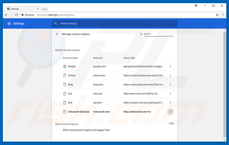 Removing redisearch.com from Google Chrome default search engine