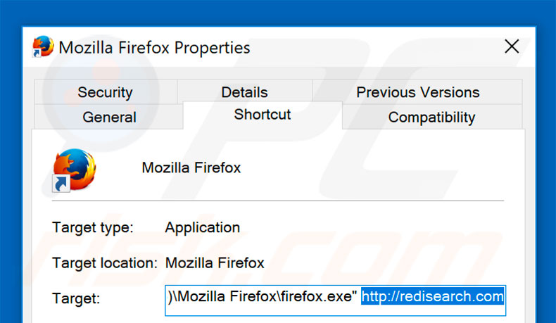 Removing redisearch.com from Mozilla Firefox shortcut target step 2