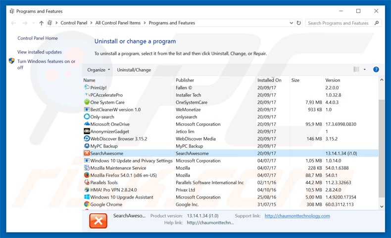 uninstalling search awesome adware via Control Panel