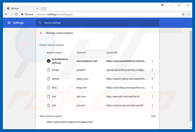 Removing searchdefence.com from Google Chrome default search engine