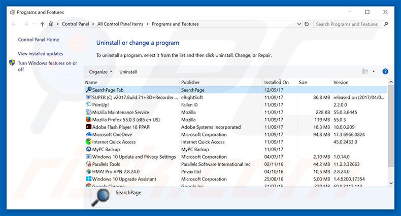 searchpage.com browser hijacker uninstall via Control Panel