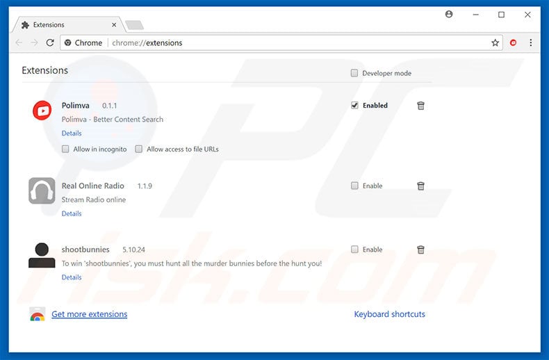 Removing search.polimva.com related Google Chrome extensions