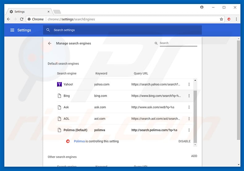 Removing search.polimva.com from Google Chrome default search engine