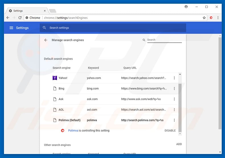 Removing search.polimva.com from Google Chrome default search engine