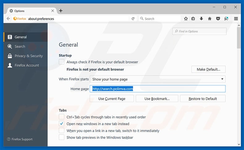 Removing search.polimva.com from Mozilla Firefox homepage