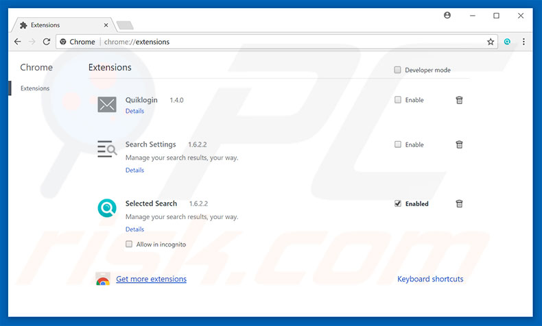 Removing search.selected-search.co related Google Chrome extensions