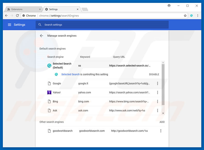 Removing search.selected-search.co from Google Chrome default search engine
