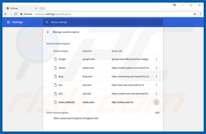 Removing snitou.com from Google Chrome default search engine