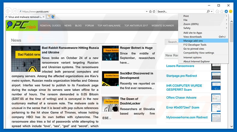 Removing Sponsored Links ads from Internet Explorer step 1
