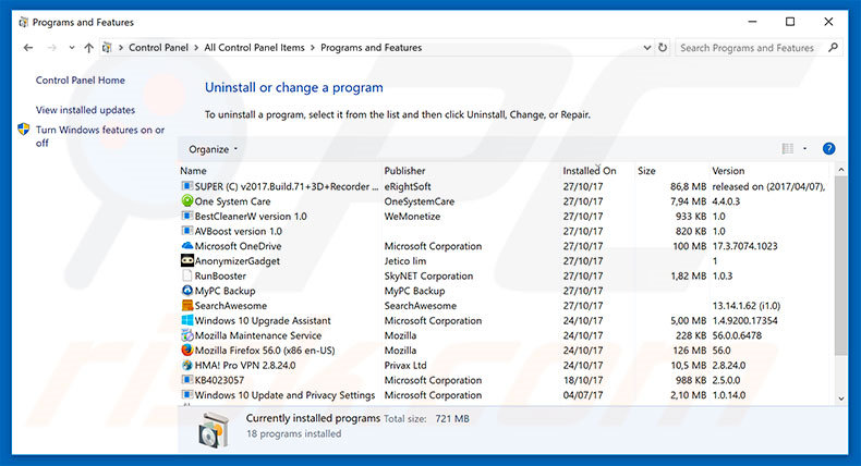 Sponsored Links adware uninstall via Control Panel