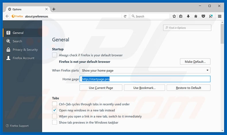 Removing startpage.pro from Mozilla Firefox homepage