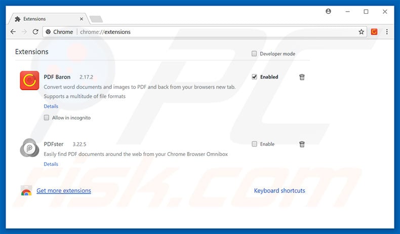 Removing tab.pdfbaron.com related Google Chrome extensions