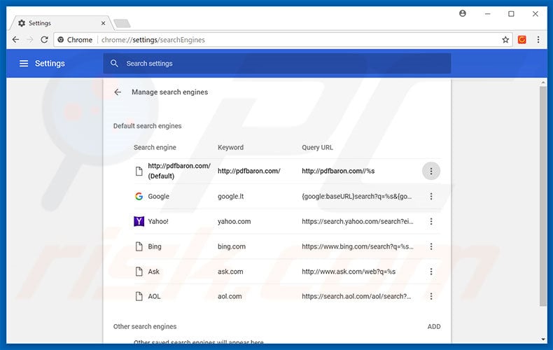 Removing tab.pdfbaron.com from Google Chrome default search engine