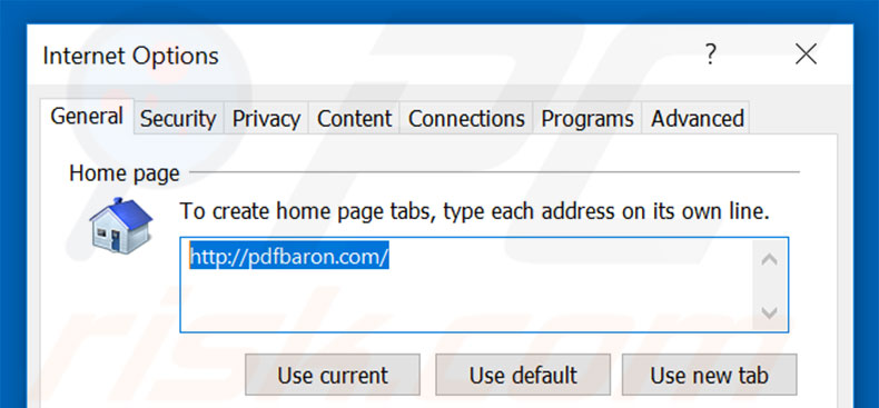 Removing tab.pdfbaron.com from Internet Explorer homepage
