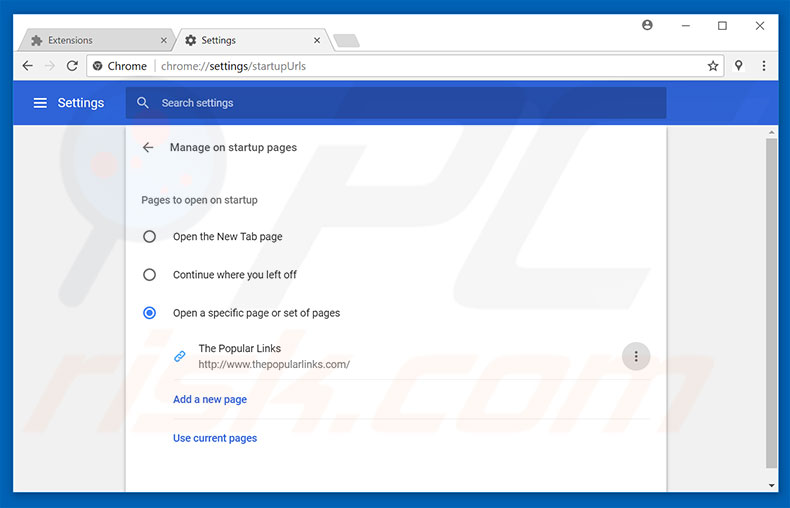 Removing thepopularlinks.com from Google Chrome homepage