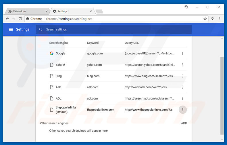 Removing thepopularlinks.com from Google Chrome default search engine