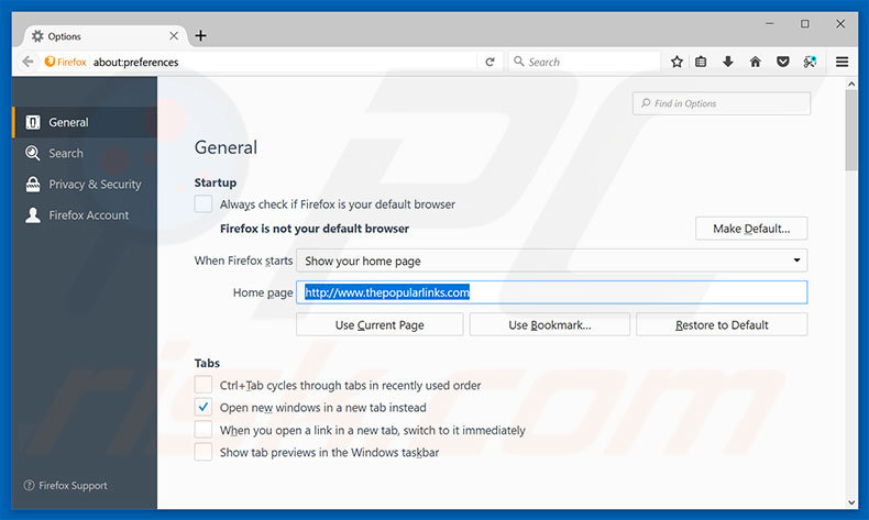 Removing thepopularlinks.com from Mozilla Firefox homepage