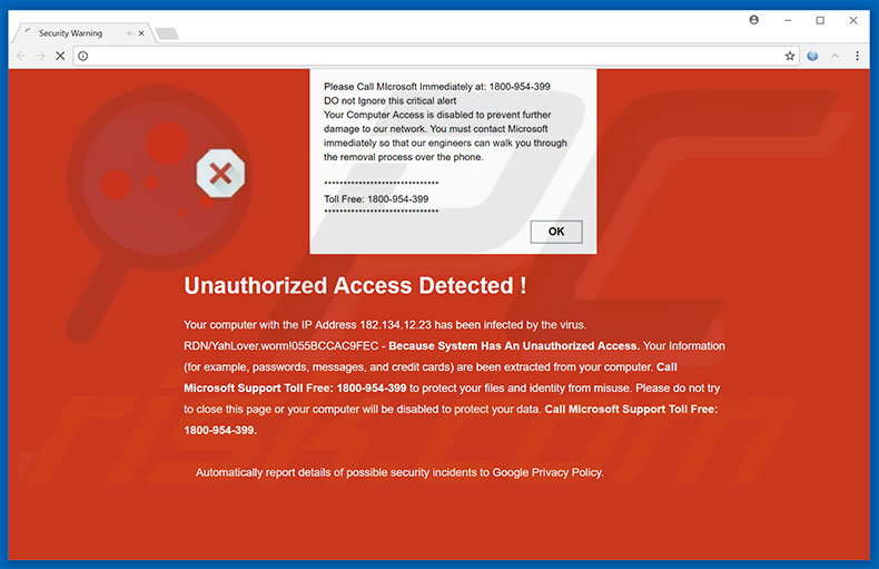 Unauthorized Access Denied ! scam Google Chrome variant