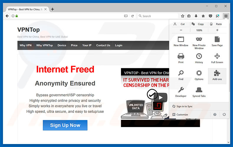 Removing VPNTop ads from Mozilla Firefox step 1