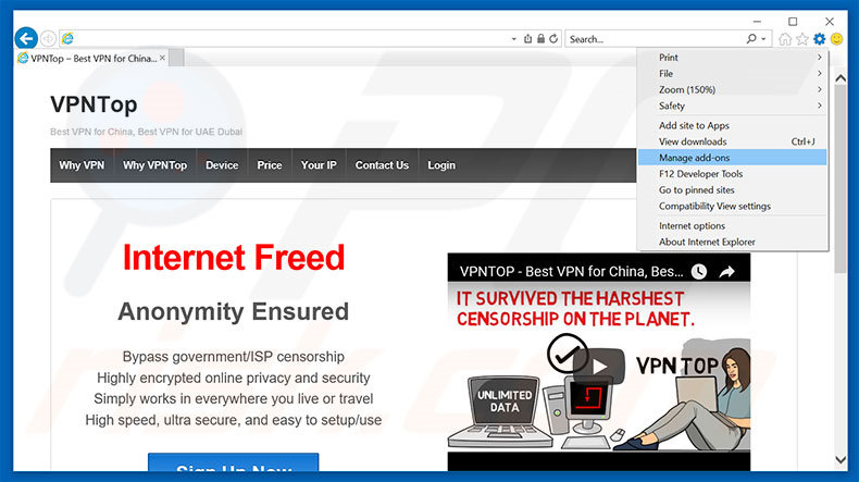 Removing VPNTop ads from Internet Explorer step 1