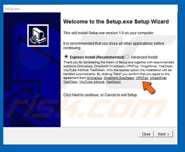 VPNTop adware distributing setup