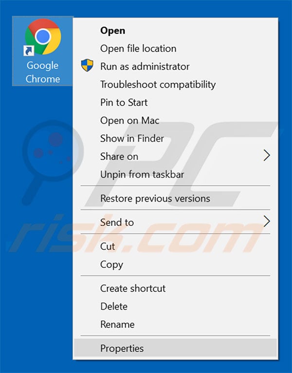 Removing websearch.live from Google Chrome shortcut target step 1