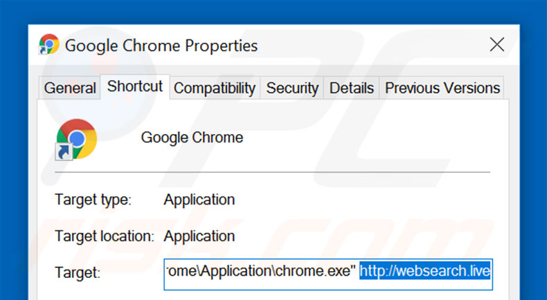 Removing websearch.live from Google Chrome shortcut target step 2