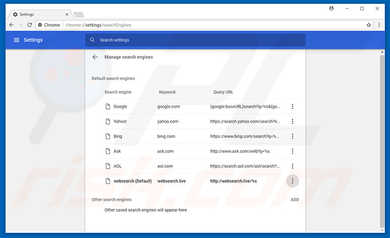 Removing websearch.live from Google Chrome default search engine