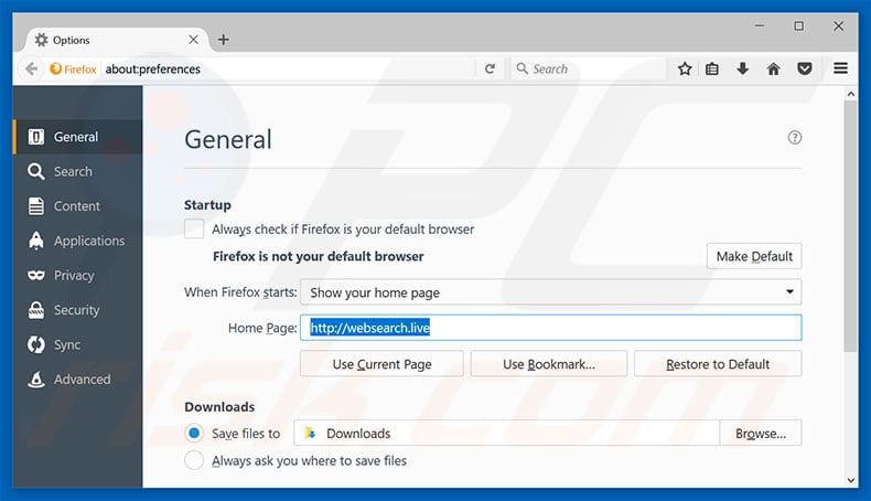 removendo o websearch.ao vivo da Página Inicial do Mozilla Firefox