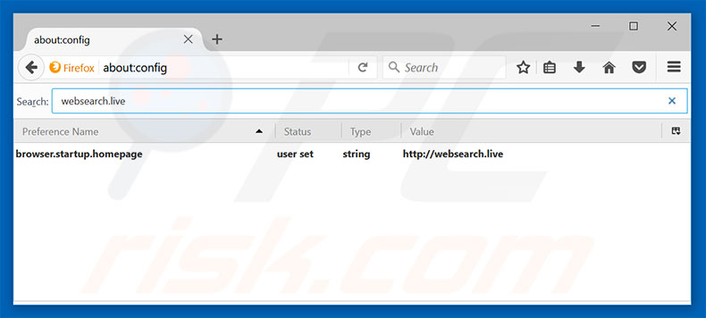 removendo o websearch.ao vivo do motor de busca padrão Mozilla Firefox