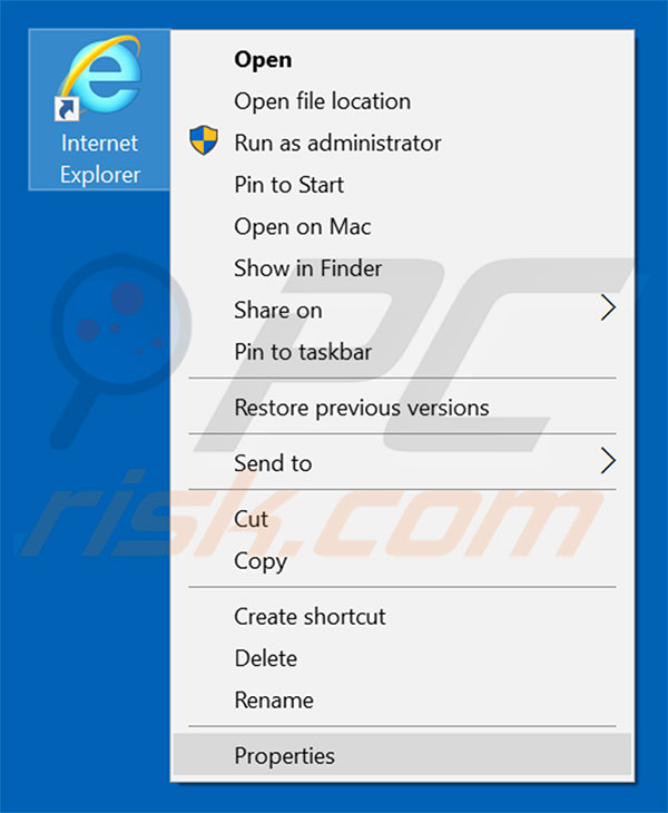 Removing websearch.live from Internet Explorer shortcut target step 1