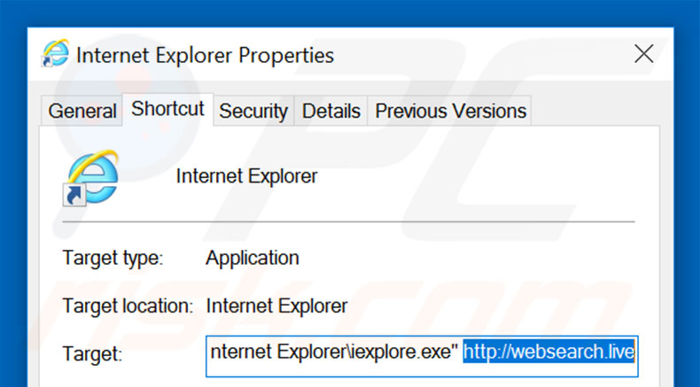 Removing websearch.live from Internet Explorer shortcut target step 2