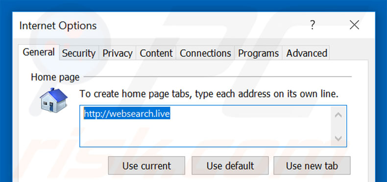 Removing websearch.live from Internet Explorer homepage