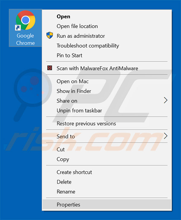 Removing websrch.net from Google Chrome shortcut target step 1