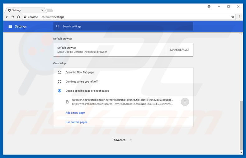 Removing websrch.net from Google Chrome homepage