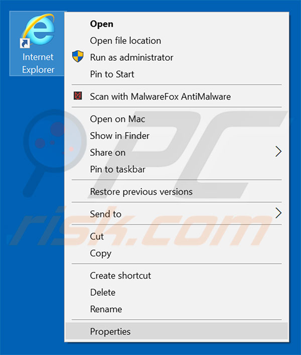 Removing websrch.net from Internet Explorer shortcut target step 1