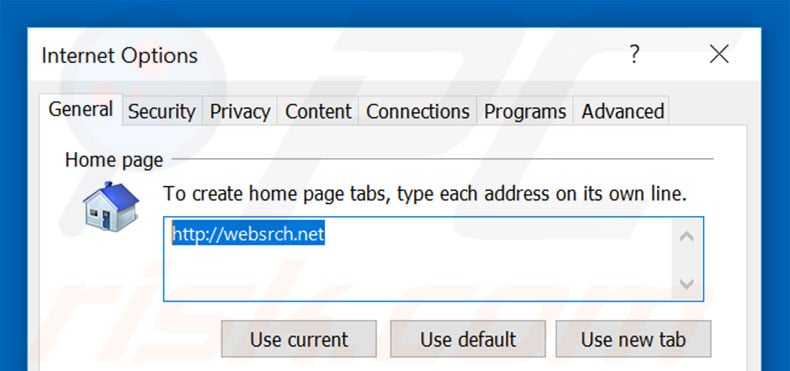 Removing websrch.net from Internet Explorer homepage