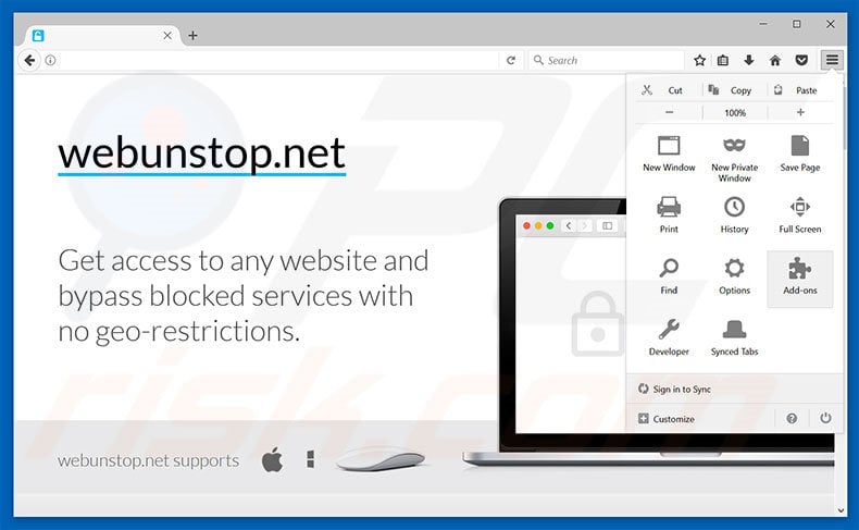 Removing Webunstop ads from Mozilla Firefox step 1
