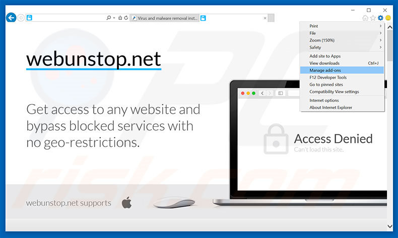 Removing Webunstop ads from Internet Explorer step 1