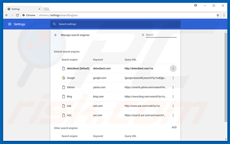 Removing detectbest.com from Google Chrome default search engine