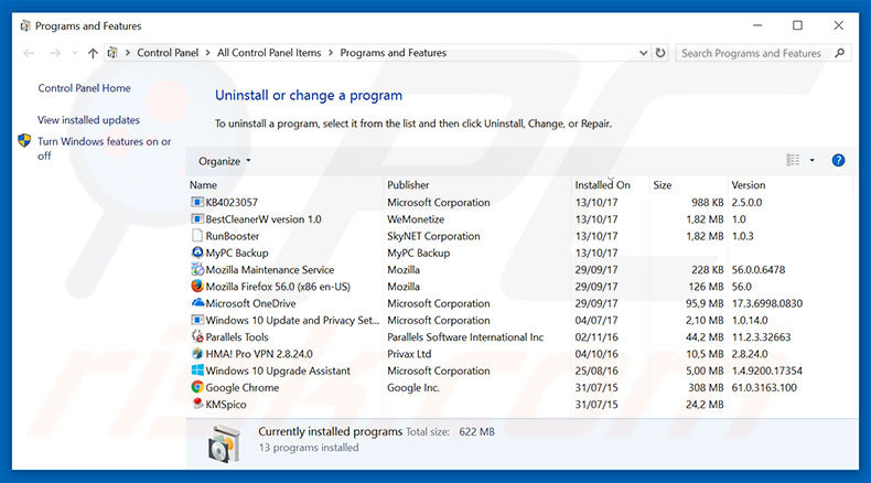 Your Windows Infected With Viruses adware uninstall via Control Panel