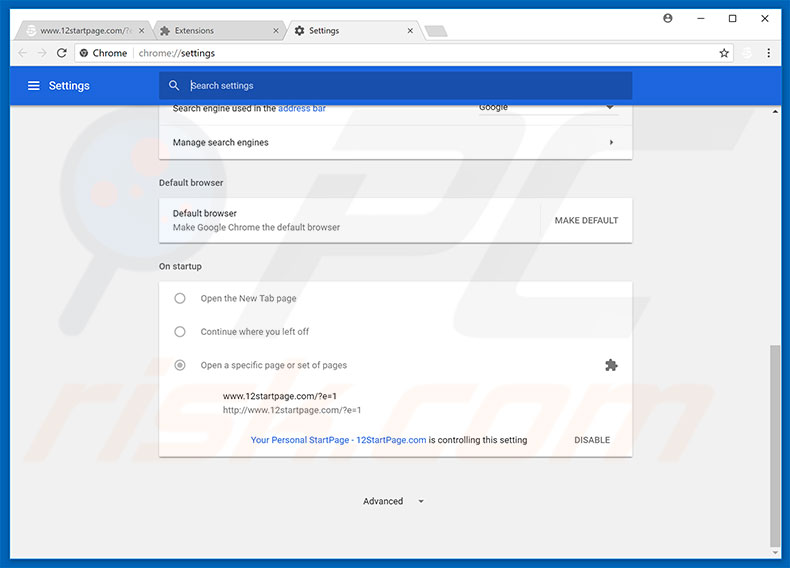 Removing 12startpage.com from Google Chrome homepage