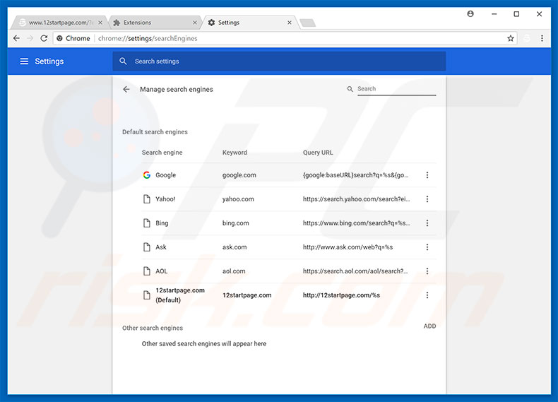 Removing 12startpage.com from Google Chrome default search engine