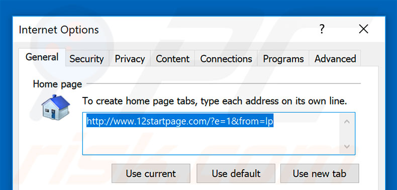 Removing 12startpage.com from Internet Explorer homepage